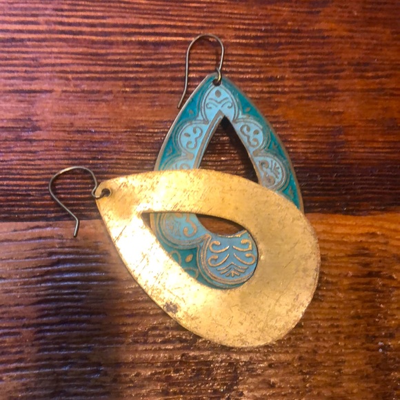 Turquoise & gold teardrop earrings - Picture 3 of 3